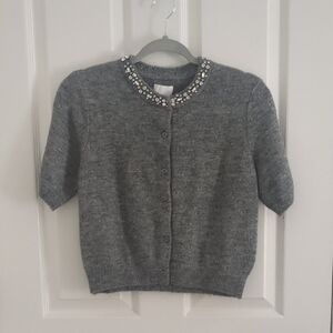 H&M Gray Short-Sleeve Cardigan with Jeweled Collar